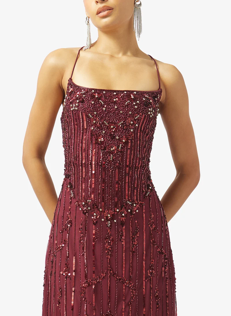 Namshi x Bead Embellished Evening Gown with Slit